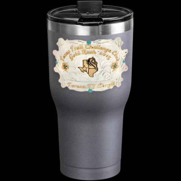 Stay cool and stylish with our Kamori Custom Tumbler - the perfect thermal cup to showcase your unique figure, ranch brand, or logo! Featuring a silver plated decoration with turquoise stones and bronze lettering.